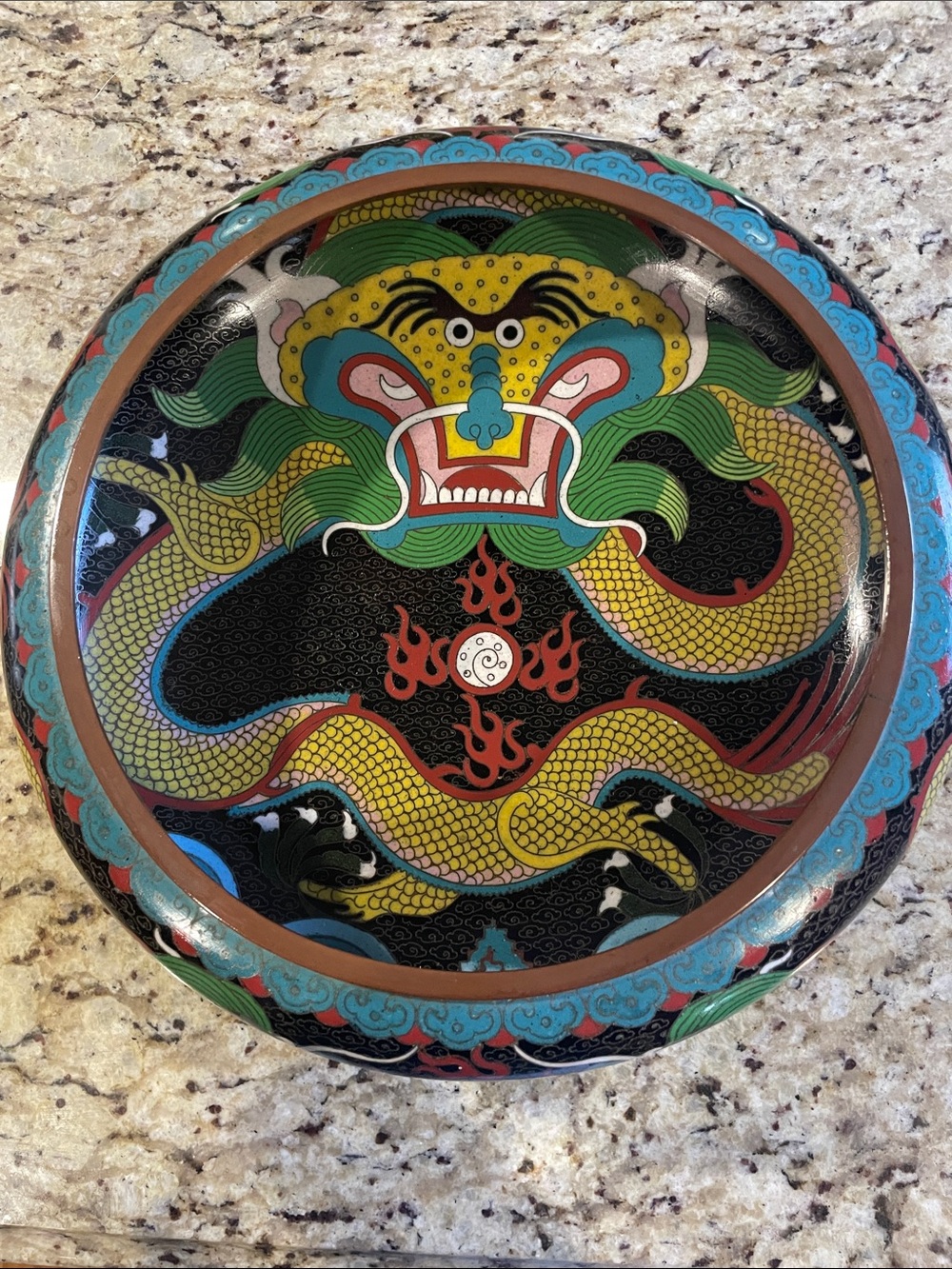 Chinese Cloisonné Large Bowl with Hand-carved Wooden Stand